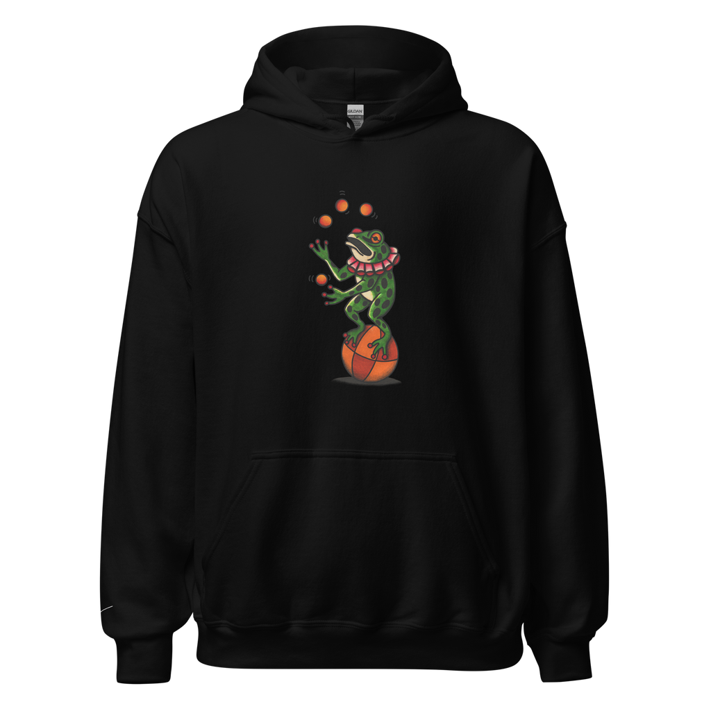 Black hoodie with a colorful graphic of a frog juggling on a white background